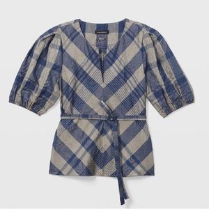 Club Monaco Plaid Seamed Puff Sleeve Top